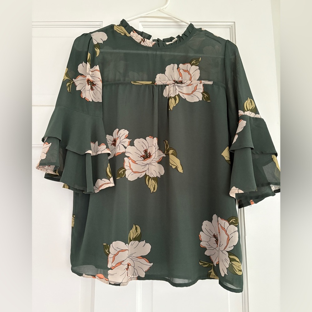 Monteau Dark Green Floral Blouse with Ruffle Sleeves